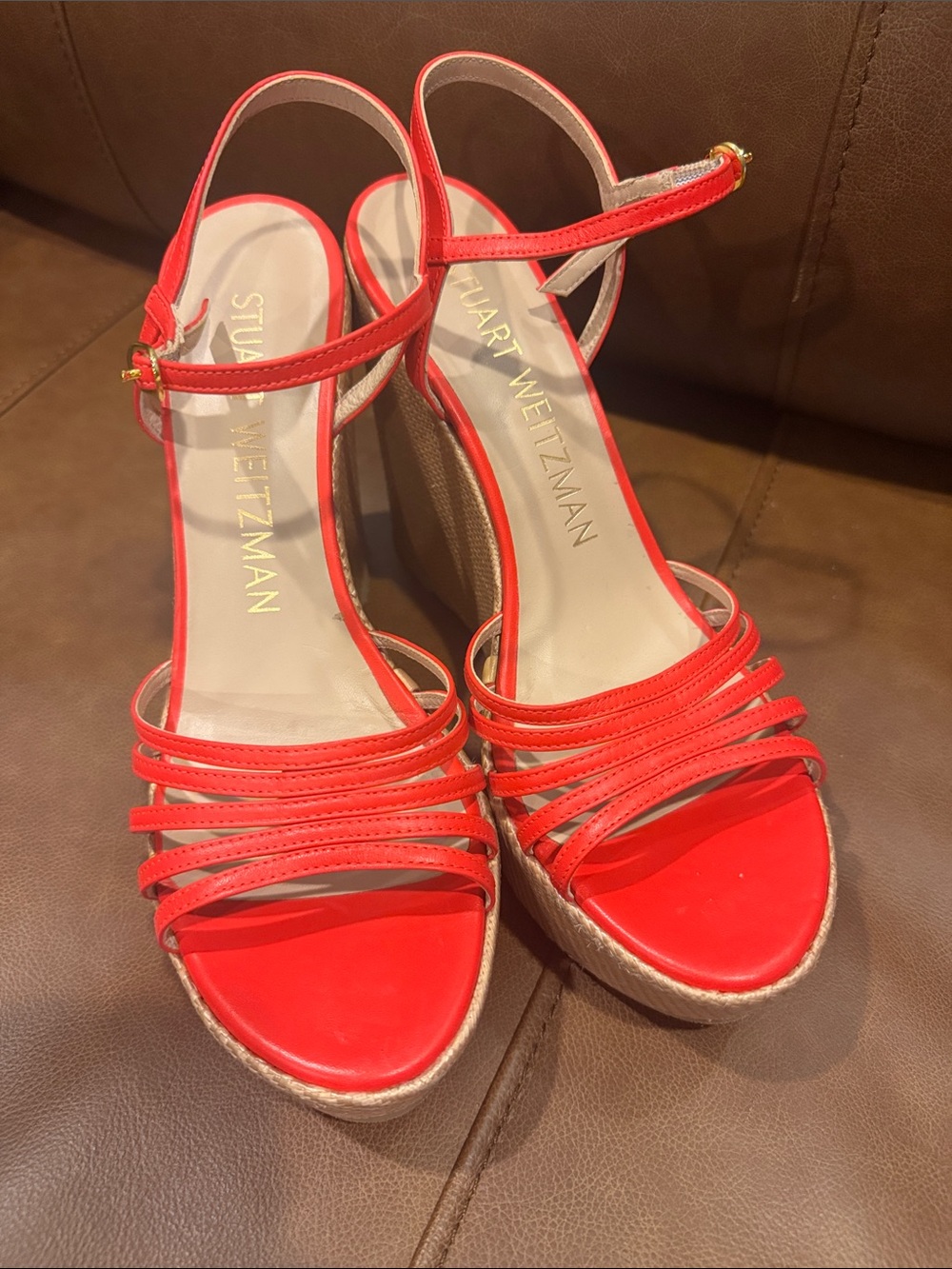 Stuart Weitzman Soirée Red Strappy Wedge Platform Sandals 9.5